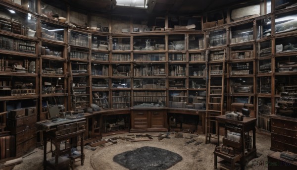 indoors,cup,book,no humans,window,chair,table,bottle,box,scenery,wooden floor,bookshelf,stool,shelf,ladder,cabinet,globe,weapon,day,snow,desk,lamp,book stack,carpet,rug