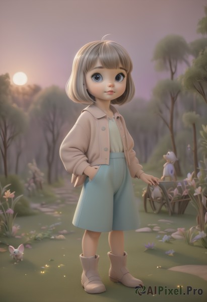 1girl,solo,looking at viewer,short hair,bangs,blue eyes,skirt,brown hair,shirt,long sleeves,dress,holding,closed mouth,standing,jacket,full body,flower,ahoge,grey hair,boots,outdoors,open clothes,artist name,blunt bangs,bag,blurry,open jacket,tree,lips,blue skirt,buttons,blurry background,animal,moon,white footwear,bob cut,cardigan,grass,child,nature,forest,backlighting,hand in pocket,rabbit,sun,female child,open cardigan,shorts,mole,mole under eye,brown footwear,blue shorts,sunset,basket,mouse