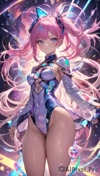 1girl,solo,long hair,breasts,looking at viewer,blush,bangs,blue eyes,hair ornament,long sleeves,holding,animal ears,bare shoulders,twintails,jewelry,medium breasts,very long hair,closed mouth,standing,pink hair,ahoge,sidelocks,thighs,cowboy shot,earrings,detached sleeves,shiny,leotard,two side up,groin,see-through,clothing cutout,covered navel,floating hair,fake animal ears,headgear,frown,highleg,skin tight,highleg leotard,shiny clothes,white leotard,blue leotard,small breasts,wide sleeves,glowing