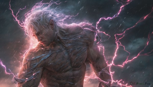 solo,long hair,1boy,closed mouth,closed eyes,upper body,white hair,male focus,nude,outdoors,sky,cloud,wet,muscular,glowing,scar,looking down,abs,cloudy sky,muscular male,rain,veins,topless male,realistic,electricity,manly,lightning,short hair,wet hair