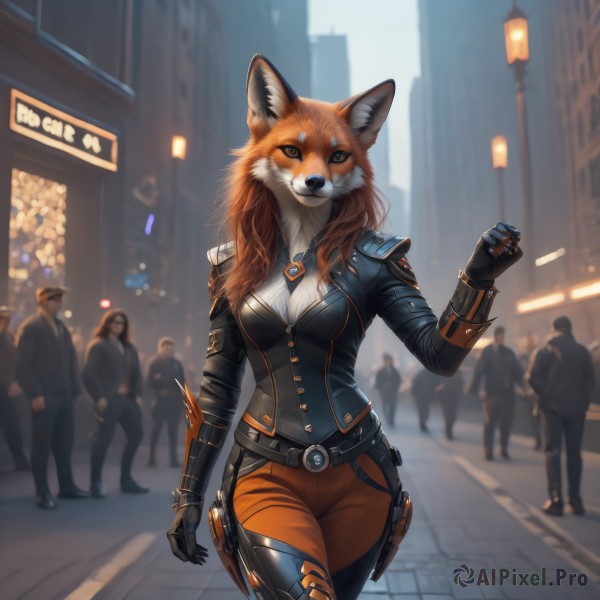 1girl,long hair,breasts,looking at viewer,smile,gloves,long sleeves,hat,animal ears,brown eyes,jewelry,medium breasts,jacket,tail,cowboy shot,outdoors,solo focus,day,black gloves,belt,pants,artist name,orange hair,blurry,black jacket,fox ears,bodysuit,night,depth of field,blurry background,fox tail,fox girl,building,clenched hand,skin tight,claws,furry,colored sclera,walking,city,furry female,road,body fur,badge,police,lamppost,street,police uniform,two-tone fur,orange fur,solo,standing,multiple boys,realistic