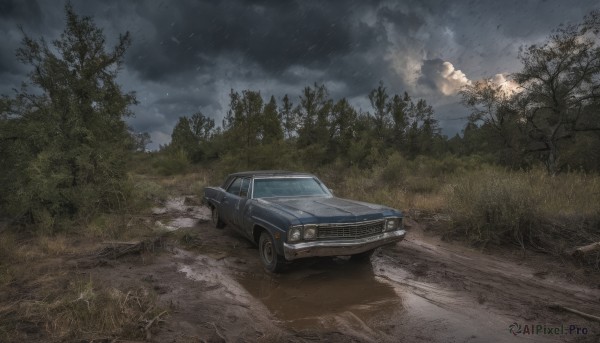 outdoors,sky,cloud,tree,no humans,cloudy sky,grass,ground vehicle,nature,scenery,motor vehicle,forest,car,road,vehicle focus,grey sky,rain,sports car