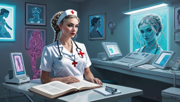 1girl,solo,long hair,breasts,looking at viewer,shirt,hat,dress,jewelry,sitting,closed mouth,white shirt,braid,short sleeves,indoors,lips,book,makeup,colored skin,chair,cross,lipstick,desk,realistic,nose,nurse cap,clock,red lips,pen,nurse,cable,computer,photo (object),monitor,stethoscope,red cross,blue eyes,blonde hair,brown hair,collarbone,upper body,hairband,parted lips,necklace,nail polish,fingernails,eyelashes,table,pink lips,syringe,clipboard,laptop,latin cross,cross print