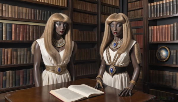 long hair,breasts,multiple girls,blonde hair,dress,2girls,jewelry,sleeveless,belt,indoors,dark skin,necklace,white dress,bracelet,dark-skinned female,lips,book,makeup,sleeveless dress,colored skin,table,lipstick,dual persona,open book,bookshelf,white eyes,grey skin,gold,library,black skin,egyptian clothes,gold chain,looking at viewer,bangs,blue eyes,medium breasts,signature,blunt bangs,siblings,ring,sisters