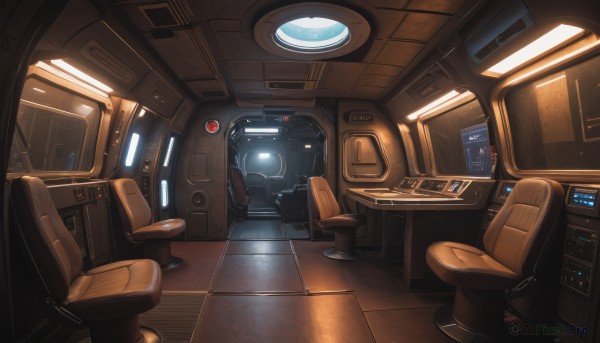 indoors,no humans,chair,scenery,reflection,science fiction,realistic,tiles,light,tile floor,monitor,cockpit,seat,window,table,space,spacecraft,screen