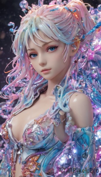 1girl,solo,long hair,breasts,looking at viewer,bangs,blue eyes,hair ornament,navel,cleavage,bare shoulders,jewelry,medium breasts,closed mouth,collarbone,upper body,ponytail,pink hair,multicolored hair,earrings,detached sleeves,lips,eyelashes,gradient hair,makeup,gem,bubble,crystal,center opening,blue hair,white hair,artist name,armor,watermark,piercing,realistic,nose,pearl (gemstone)