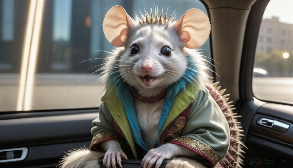 HQ,solo,looking at viewer,open mouth,blue eyes,long sleeves,jacket,outdoors,teeth,blurry,black eyes,collar,no humans,blurry background,animal,fangs,crown,ground vehicle,motor vehicle,green jacket,realistic,car,animal focus,mouse,whiskers,driving,car interior,steering wheel,seatbelt,day