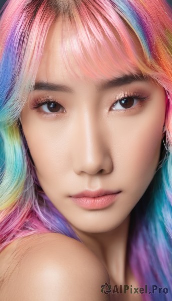 1girl,solo,long hair,looking at viewer,smile,bangs,bare shoulders,brown eyes,closed mouth,blue hair,pink hair,multicolored hair,lips,eyelashes,gradient hair,makeup,portrait,close-up,realistic,nose,rainbow hair,blurry