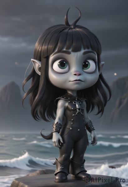 1girl,solo,long hair,breasts,bangs,black hair,jewelry,closed mouth,green eyes,standing,full body,small breasts,boots,outdoors,sky,pointy ears,artist name,cloud,blunt bangs,water,chibi,black footwear,blurry,bracelet,bodysuit,blurry background,colored skin,ocean,frown,beach,cloudy sky,antenna hair,spikes,spiked bracelet,grey skin,spiked collar,waves,gothic,ahoge,lips,blue skin,watercraft