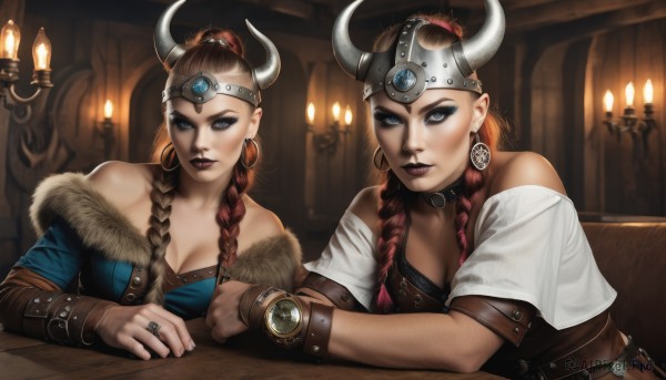 long hair,breasts,looking at viewer,blue eyes,multiple girls,large breasts,brown hair,2girls,cleavage,bare shoulders,jewelry,medium breasts,sitting,braid,short sleeves,red hair,earrings,horns,choker,belt,indoors,off shoulder,twin braids,bracelet,lips,fur trim,single braid,makeup,siblings,table,ring,helmet,tiara,lipstick,sisters,hair over shoulder,eyeshadow,watch,hoop earrings,red lips,wristwatch,eyeliner,candle,fake horns,mascara,horned helmet,upper body,signature,nail polish,orange hair,realistic,leather,horned headwear