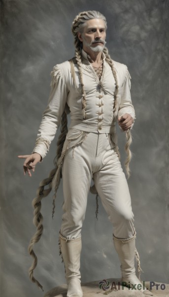 solo,long hair,looking at viewer,shirt,long sleeves,1boy,jewelry,very long hair,closed mouth,standing,full body,white shirt,braid,white hair,grey hair,male focus,multicolored hair,boots,pants,grey background,twin braids,facial hair,white footwear,beard,realistic,white pants,mustache,old,old man,multiple braids,absurdly long hair