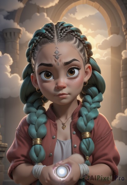 1girl,solo,long hair,looking at viewer,shirt,brown eyes,jewelry,closed mouth,collarbone,jacket,upper body,braid,earrings,green hair,open clothes,sky,artist name,cloud,necklace,twin braids,open jacket,lips,glowing,facial mark,bandages,own hands together,red jacket,forehead,freckles,bandaged arm,forehead mark,unbuttoned,pillar,column,breasts,blush,black hair,holding,cleavage,twintails,white shirt,bracelet,aqua hair,watermark,ring,hair tie