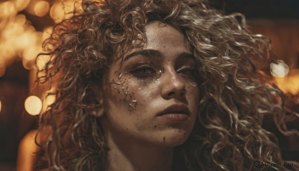 1girl,solo,long hair,looking at viewer,brown hair,parted lips,teeth,dark skin,blurry,black eyes,dark-skinned female,lips,depth of field,blurry background,wavy hair,messy hair,portrait,freckles,curly hair,realistic,nose,mole on cheek,closed mouth,closed eyes,artist name,eyelashes,watermark,thick eyebrows,smoke,light