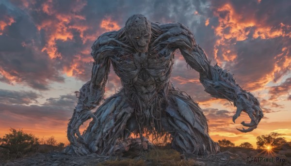 solo,yellow eyes,outdoors,sky,teeth,cloud,tree,no humans,kneeling,glowing,cloudy sky,nature,glowing eyes,claws,science fiction,sunset,monster,giant,alien,kaijuu,fire,forest