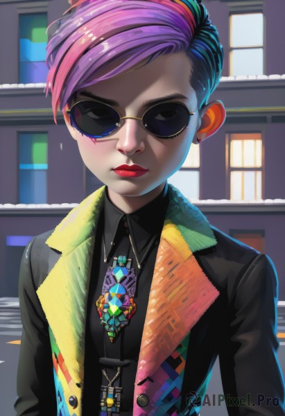 1girl,solo,looking at viewer,short hair,shirt,black hair,long sleeves,jewelry,closed mouth,jacket,upper body,pink hair,purple hair,multicolored hair,earrings,necktie,collared shirt,necklace,vest,two-tone hair,lips,streaked hair,black shirt,makeup,buttons,scar,piercing,sunglasses,lipstick,multicolored clothes,scar on face,eyeshadow,asymmetrical hair,nose,scar across eye,red lips,stud earrings,eyeliner,undercut,outdoors,artist name,black eyes,open jacket,black jacket,swept bangs,building