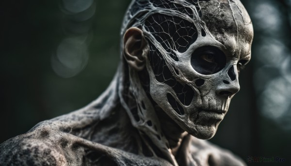 solo,1boy,closed mouth,collarbone,male focus,blurry,depth of field,blurry background,portrait,realistic,alien,upper body,skull,bald