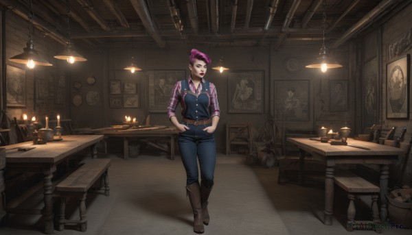 1girl,solo,breasts,looking at viewer,smile,short hair,shirt,jewelry,medium breasts,standing,full body,weapon,pink hair,purple hair,earrings,boots,striped,collared shirt,belt,pants,indoors,necklace,vest,cup,lips,gun,plaid,tattoo,makeup,chair,brown footwear,table,knee boots,bottle,denim,lipstick,buckle,sleeves rolled up,walking,jeans,belt buckle,hands in pockets,blue pants,light,lamp,candle,facial tattoo,plaid shirt,wine bottle,sleeves pushed up,candlestand,closed mouth,alternate costume,artist name,book,dress shirt,buttons,scar,web address,hands on hips,realistic,nose,clock,red lips,very short hair,photo (object),picture frame,painting (object),portrait (object)