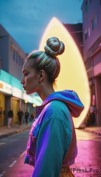 1girl,solo,short hair,skirt,brown hair,black hair,long sleeves,jewelry,upper body,multicolored hair,earrings,outdoors,solo focus,day,artist name,dark skin,hood,hair bun,blurry,from side,dark-skinned female,lips,hoodie,profile,blurry background,single hair bun,hood down,building,hoop earrings,city,realistic,nose,road,street,crowd,very dark skin,blue eyes,jacket,depth of field,blue jacket,hooded jacket