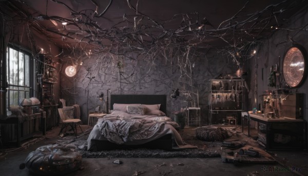 weapon,indoors,tree,cup,pillow,book,no humans,window,bed,on bed,chair,table,sunlight,bottle,box,scenery,couch,wooden floor,blanket,clock,glass,lamp,ruins,broken,crack,silk,spider web,carpet,broken glass,rug,chandelier,fireplace,messy room,broken window,loaded interior,sword,bed sheet,stuffed toy,plant,curtains,desk,plate,skull,crystal,mirror,bookshelf,potted plant,candle,under covers,shelf,vase,picture frame,jar,drawer,candlestand,cabinet,treasure chest,tablecloth,chest of drawers,wood