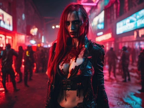 1girl,solo,long hair,breasts,looking at viewer,navel,cleavage,medium breasts,underwear,jacket,red hair,outdoors,open clothes,solo focus,midriff,belt,bra,blurry,open jacket,lips,black jacket,blood,blurry background,blood on face,city,realistic,blood on clothes,leather,death,leather jacket,cyberpunk,neon lights,large breasts,swimsuit,bikini,torn clothes,night,bikini top only,cropped jacket,crowd