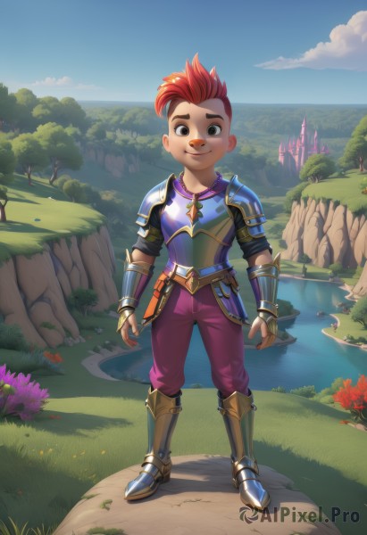 solo,looking at viewer,smile,short hair,1boy,brown eyes,jewelry,closed mouth,standing,full body,weapon,flower,male focus,red hair,boots,outdoors,sky,day,pants,sword,cloud,water,necklace,armor,tree,blue sky,grass,shoulder armor,gauntlets,nature,pauldrons,rock,armored boots,greaves,river,1girl,aged down,child,freckles,very short hair,tomboy,lake,mohawk,cliff