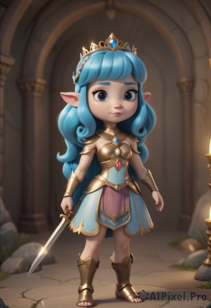 1girl,solo,long hair,looking at viewer,bangs,blue eyes,dress,holding,jewelry,closed mouth,blue hair,standing,full body,weapon,pointy ears,sword,artist name,holding weapon,armor,blurry,blurry background,holding sword,sandals,thick eyebrows,tiara,lips,aged down,crown,rock