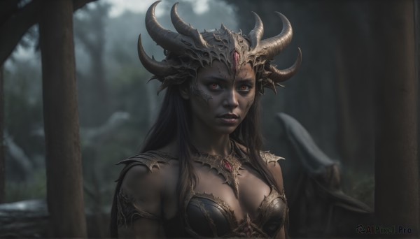 HQ,1girl,solo,long hair,breasts,looking at viewer,brown hair,black hair,red eyes,cleavage,jewelry,medium breasts,closed mouth,upper body,outdoors,horns,armor,blurry,tree,lips,makeup,blurry background,helmet,shoulder armor,gem,nature,forest,black lips,horned helmet,orange eyes,lipstick