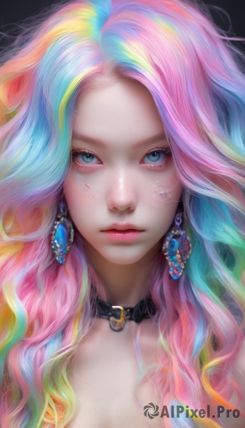 1girl,solo,long hair,breasts,looking at viewer,blue eyes,blonde hair,simple background,cleavage,jewelry,closed mouth,blue hair,upper body,pink hair,multicolored hair,earrings,choker,collar,two-tone hair,lips,streaked hair,eyelashes,aqua hair,gradient hair,makeup,wavy hair,black choker,expressionless,lipstick,black background,gem,portrait,close-up,eyeshadow,pink lips,realistic,nose,scales,mascara,rainbow hair,heart,aqua eyes,forehead,freckles