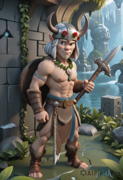 solo,looking at viewer,short hair,blue eyes,brown hair,1boy,navel,holding,jewelry,nipples,standing,full body,weapon,male focus,outdoors,horns,pointy ears,sword,water,necklace,stomach,holding weapon,muscular,abs,sandals,thick eyebrows,helmet,pectorals,muscular male,polearm,bara,pelvic curtain,large pectorals,bulge,topless male,shield,fake horns,bare pectorals,loincloth,navel hair,waterfall,holding shield,horned helmet,flower,grey hair,belt,leaf,plant,spear,rock,realistic,holding polearm,leather,pillar,trident,horned headwear,moss,animal skull