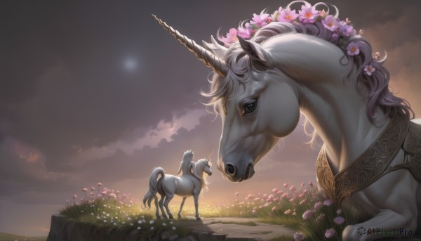 solo,hair ornament,flower,outdoors,horns,sky,artist name,cloud,signature,hair flower,no humans,night,animal,watermark,moon,cloudy sky,grass,scenery,single horn,sunset,realistic,fantasy,field,horse,twilight,unicorn,from side,pink flower,animal focus