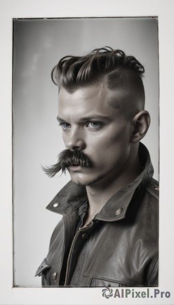 solo,looking at viewer,blue eyes,simple background,shirt,black hair,1boy,jacket,upper body,male focus,grey background,grey eyes,black shirt,facial hair,border,portrait,white border,beard,zipper,realistic,mustache,manly,mole,black jacket,leather,undercut,leather jacket,mohawk