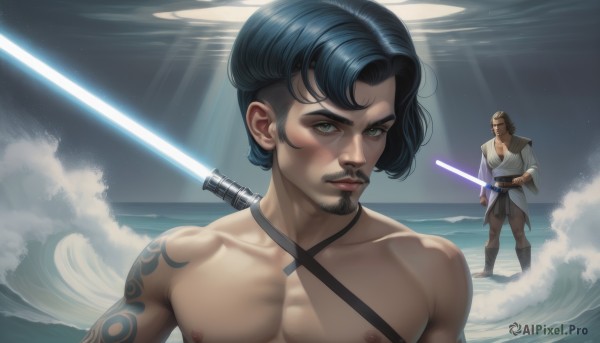 looking at viewer,short hair,bangs,black hair,1boy,holding,nipples,green eyes,standing,collarbone,upper body,weapon,male focus,parted lips,multiple boys,pants,sword,2boys,water,holding weapon,lips,tattoo,muscular,facial hair,ocean,holding sword,pectorals,beard,topless male,mustache,energy sword,lightsaber,closed mouth,blue hair,boots,outdoors,scar,science fiction,robe,serious,realistic