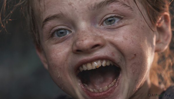 solo,looking at viewer,short hair,open mouth,blue eyes,blonde hair,1boy,male focus,teeth,tongue,blurry,grey eyes,blurry background,portrait,close-up,freckles,realistic,1girl,sweat,eyelashes,nose