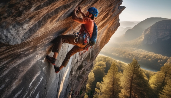 solo,short hair,shirt,black hair,gloves,long sleeves,1boy,hat,jacket,male focus,outdoors,shoes,day,belt,pants,bag,tree,dutch angle,facial hair,backpack,goggles,sneakers,nature,scenery,baseball cap,blue headwear,forest,pouch,mountain,brown pants,backwards hat,cliff,climbing,sky,water,mask,parody,helmet,rope,realistic,mouth mask