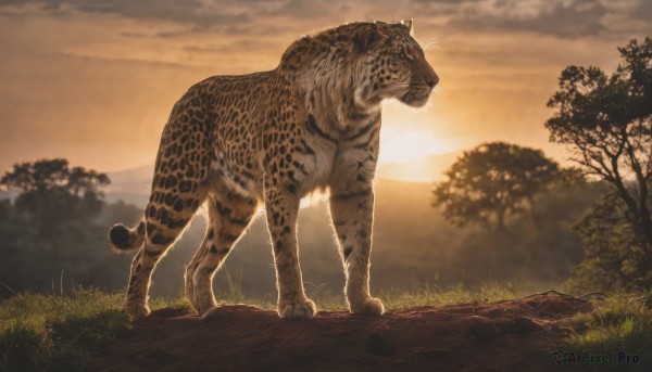 A stunning tiger within a beautiful sunset outdoors