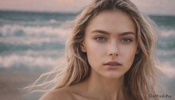 1girl,solo,long hair,looking at viewer,blonde hair,brown hair,brown eyes,collarbone,outdoors,parted lips,sky,teeth,day,cloud,blurry,lips,grey eyes,blurry background,ocean,beach,portrait,forehead,freckles,realistic,nose,eyelashes,depth of field,cloudy sky,close-up,straight-on