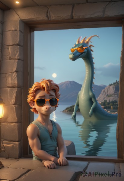 solo,smile,short hair,brown hair,1boy,sitting,closed mouth,male focus,outdoors,horns,sky,sleeveless,indoors,water,orange hair,window,night,moon,sunglasses,tank top,aged down,child,full moon,reflection,mountain,dragon,lamp,male child,tinted eyewear,orange-tinted eyewear,zipper,lake