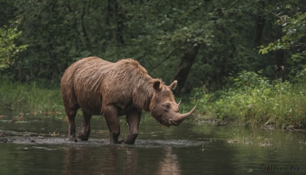 outdoors, water, tree, no humans, animal, nature, scenery, forest, realistic, boar