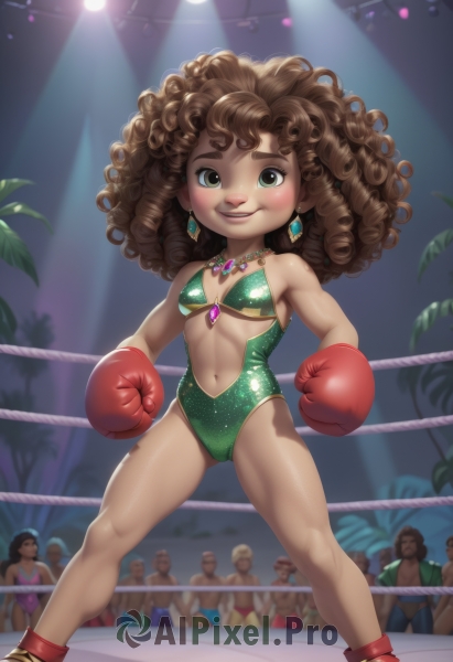 1girl,long hair,breasts,looking at viewer,smile,multiple girls,brown hair,navel,2girls,brown eyes,jewelry,green eyes,standing,swimsuit,earrings,small breasts,multiple boys,shoes,solo focus,dark skin,necklace,flat chest,leotard,dark-skinned female,lips,loli,red footwear,6+boys,legs apart,curly hair,center opening,big hair,crowd,green leotard,stage lights,boxing gloves,afro,bikini,thick eyebrows,gem,dancing