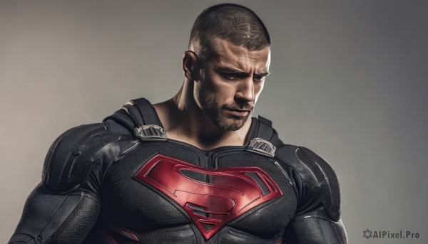 solo,short hair,black hair,1boy,closed mouth,closed eyes,upper body,male focus,dark skin,grey background,armor,bodysuit,muscular,facial hair,dark-skinned male,thick eyebrows,pectorals,muscular male,bara,beard,mature male,realistic,very short hair,manly,superhero,buzz cut