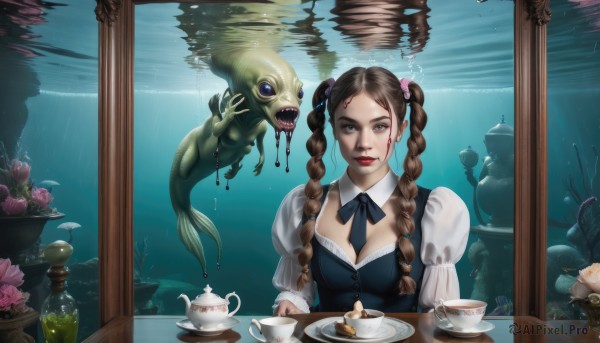 1girl,solo,long hair,breasts,looking at viewer,blue eyes,brown hair,hair ornament,long sleeves,dress,bow,ribbon,cleavage,twintails,brown eyes,medium breasts,sitting,upper body,braid,flower,food,puffy sleeves,water,twin braids,cup,lips,blood,makeup,detached collar,table,plant,lipstick,juliet sleeves,plate,fish,bubble,teacup,blood on face,underwater,nose,red lips,air bubble,teapot,tea,saucer,lily pad,jellyfish,aquarium,shirt,hair bow,teeth,indoors,vest,facial mark,sharp teeth,realistic,horror (theme)