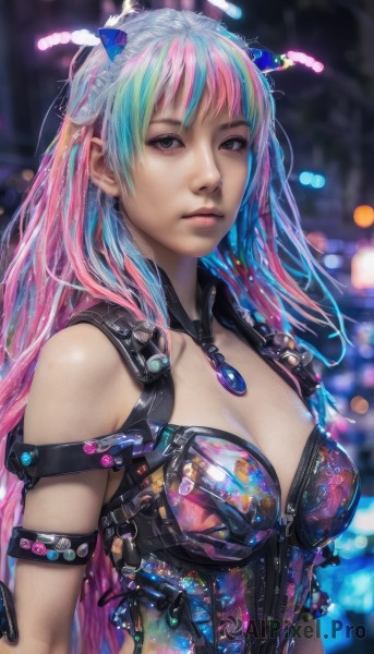 1girl,solo,long hair,breasts,looking at viewer,bangs,cleavage,bare shoulders,jewelry,medium breasts,closed mouth,blue hair,upper body,pink hair,multicolored hair,blurry,black eyes,two-tone hair,lips,grey eyes,aqua hair,blurry background,science fiction,realistic,nose,hair ornament,watermark,gem,armlet,zipper,cyberpunk