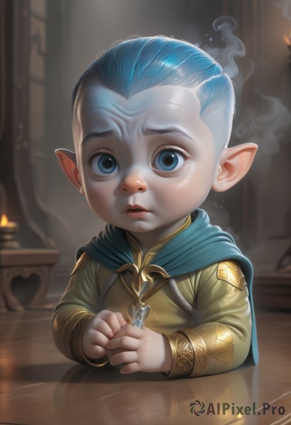 solo,looking at viewer,short hair,blue eyes,long sleeves,1boy,jewelry,blue hair,upper body,male focus,parted lips,pointy ears,indoors,cape,blurry,blurry background,table,fire,child,forehead,smoke,freckles,realistic,candle,male child,hair slicked back,teeth,artist name,lips,own hands together,aged down