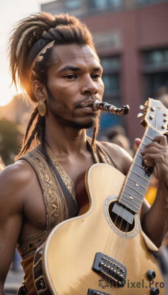 solo,long hair,looking at viewer,brown hair,black hair,1boy,holding,bare shoulders,brown eyes,jewelry,upper body,ponytail,braid,male focus,earrings,outdoors,sleeveless,day,dark skin,mole,blurry,black eyes,depth of field,blurry background,facial hair,mouth hold,dark-skinned male,instrument,beard,realistic,music,guitar,playing instrument,holding instrument,electric guitar,dreadlocks,plectrum,teeth,tattoo,scar,tank top,smoking,cigar,teeth hold