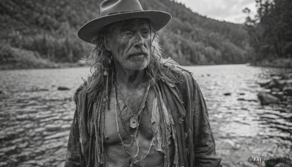 solo,long hair,1boy,hat,jewelry,closed mouth,nipples,jacket,monochrome,upper body,greyscale,male focus,outdoors,open clothes,necklace,blurry,open jacket,coat,blurry background,facial hair,scar,pectorals,facing viewer,beard,realistic,mustache,river,cowboy hat,looking at viewer,earrings,open shirt,muscular,abs,muscular male,nature,scar on face,scar across eye,manly,bare pectorals