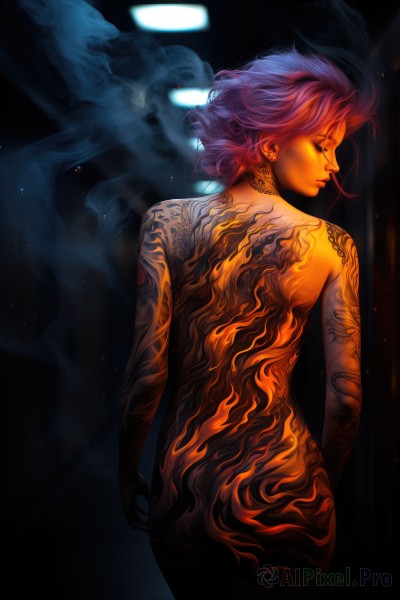 1girl,solo,short hair,jewelry,pink hair,purple hair,ass,nude,earrings,looking back,from behind,lips,tattoo,profile,back,halo,smoke,cigarette,realistic,smoking,back tattoo,full-body tattoo,closed eyes,cowboy shot,glowing,light