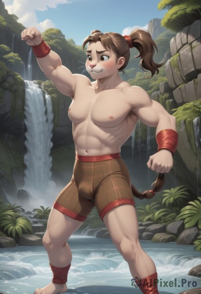 solo,blush,smile,brown hair,1boy,navel,twintails,brown eyes,nipples,standing,collarbone,full body,ponytail,male focus,thighs,outdoors,sky,shorts,barefoot,day,cloud,water,stomach,arm up,muscular,thick thighs,abs,pectorals,muscular male,wristband,nature,bara,clenched hands,large pectorals,toned,bulge,topless male,male underwear,brown shorts,biceps,waterfall,cliff,ankle wrap,1girl,long hair,breasts,underwear,tail,genderswap,furry,freckles,rock,furry male,boxers