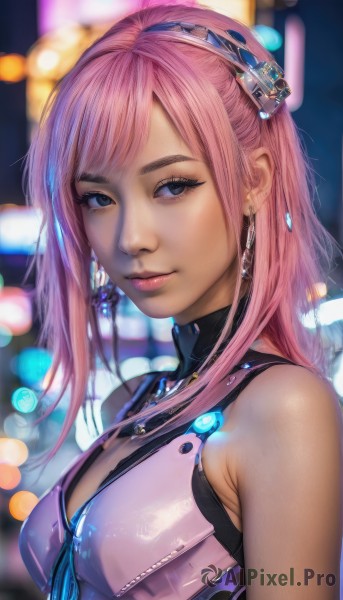 1girl,solo,long hair,breasts,looking at viewer,smile,bangs,blue eyes,hair ornament,cleavage,bare shoulders,jewelry,medium breasts,closed mouth,upper body,pink hair,hairband,earrings,sleeveless,blurry,lips,eyelashes,makeup,depth of field,blurry background,zipper,realistic,nose,signature,turtleneck,headgear,science fiction,bokeh,city lights