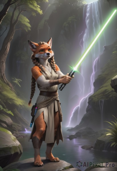 1girl,solo,long hair,breasts,brown hair,holding,animal ears,medium breasts,green eyes,standing,tail,full body,weapon,braid,outdoors,barefoot,belt,sword,artist name,water,holding weapon,twin braids,tree,bandages,holding sword,looking up,plant,sheath,nature,furry,forest,rock,furry female,body fur,animal nose,waterfall,snout,glowing weapon,energy sword,lightsaber,blue eyes,bare shoulders,small breasts,day,signature,animal ear fluff,sash,fox ears,fox tail,sunlight,grass,fox girl,freckles,science fiction,dual wielding,pouch,light rays,bandaged arm,fantasy,white fur,river,brown fur,moss,glowing sword,pond,orange fur,ankle wrap