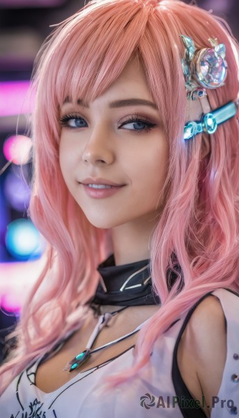 1girl,solo,long hair,breasts,looking at viewer,smile,bangs,blue eyes,hair ornament,jewelry,upper body,pink hair,parted lips,teeth,choker,artist name,signature,necklace,blurry,lips,wavy hair,realistic,clothing cutout,eyelashes,blurry background,gem,portrait,nose